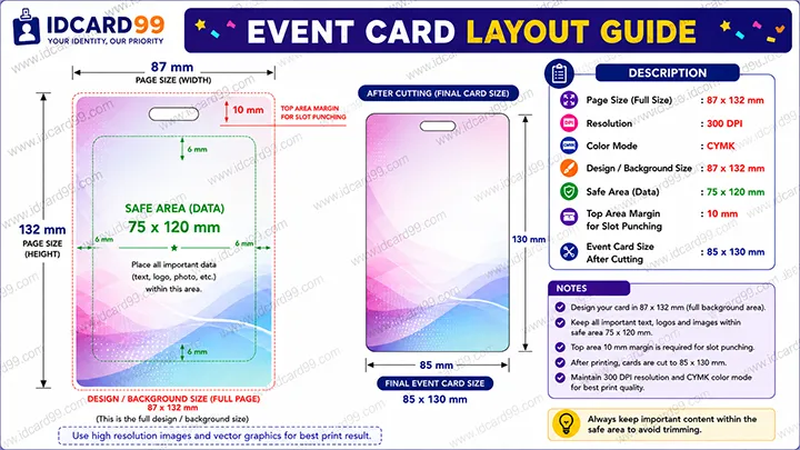 Event card layout design size guide with printing area and slot punching margin
