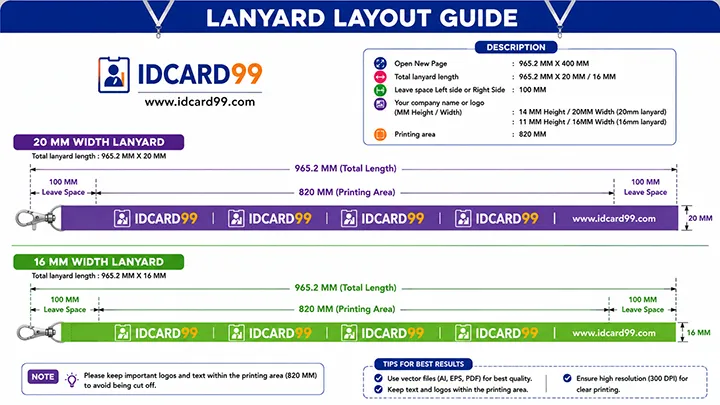 Satin lanyard layout printing size guide for 16mm and 20mm lanyards